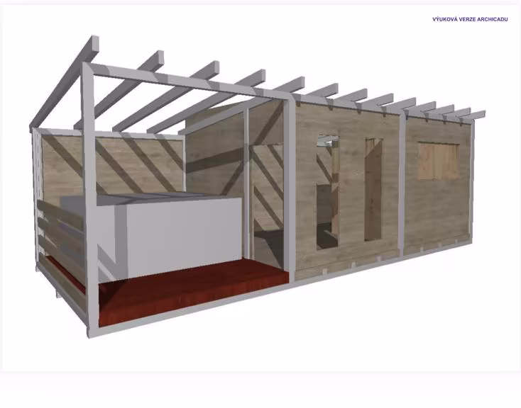 Vizualizace rozvržení sauny: otevřená část, odpočívárna a sauna v jedné řadě