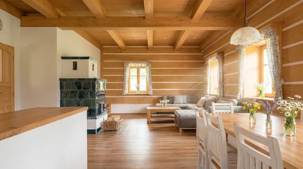 Obývací místnost s kuchyní, vizualizace letního pobytu, vizualizace
