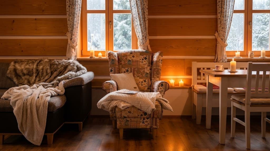Obývací místnost s kuchyní, vizualizace zimního pobytu, vizualizace