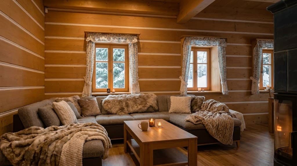 Obývací místnost s kuchyní, vizualizace zimního pobytu, vizualizace