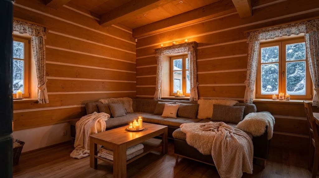 Obývací místnost s kuchyní, vizualizace zimního pobytu, vizualizace