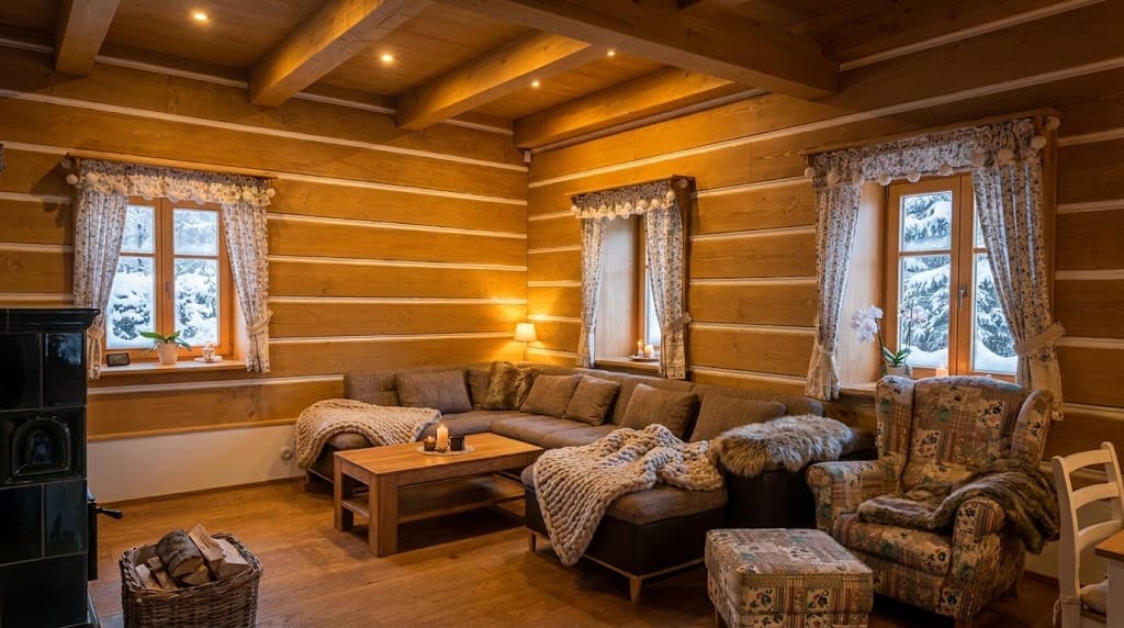 Obývací místnost s kuchyní, vizualizace zimního pobytu, vizualizace